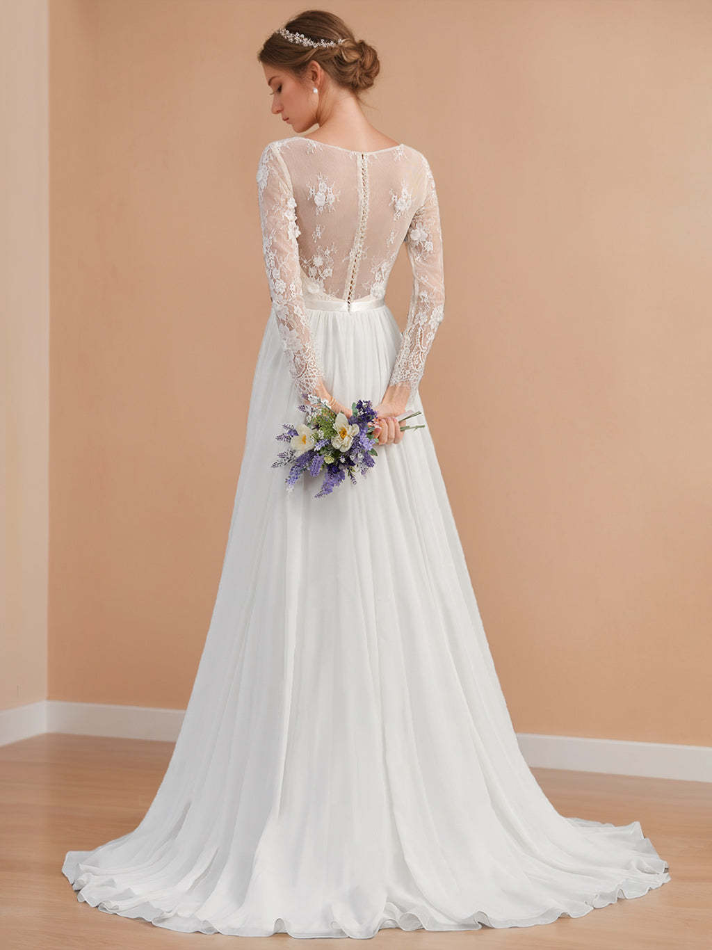 V-Neck A-Line Princess Wedding Dress with Long Sleeves, Floor-Length Lace and Appliques