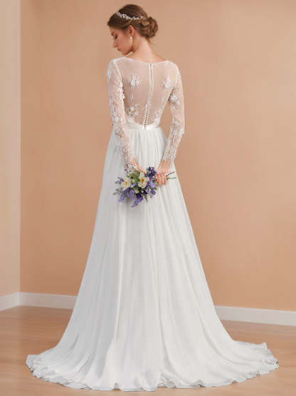 V-Neck A-Line Princess Wedding Dress with Long Sleeves, Floor-Length Lace and Appliques