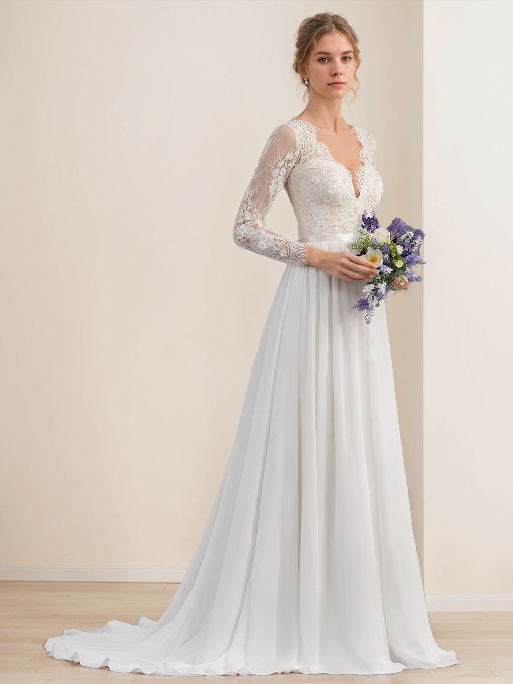 V-Neck A-Line Princess Wedding Dress with Long Sleeves, Floor-Length Lace and Appliques