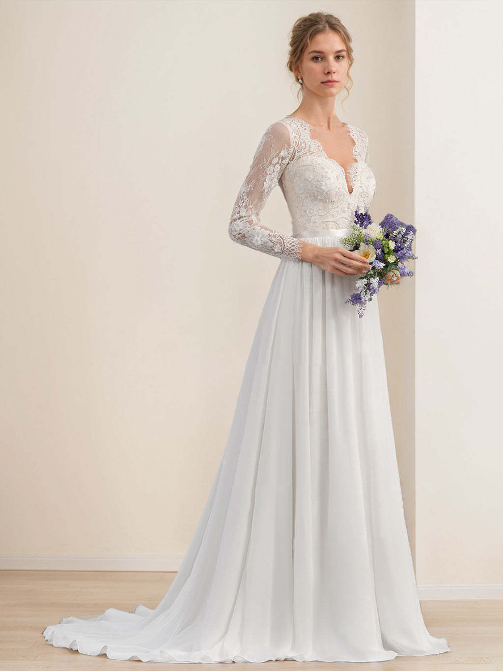 V-Neck A-Line Princess Wedding Dress with Long Sleeves, Floor-Length Lace and Appliques