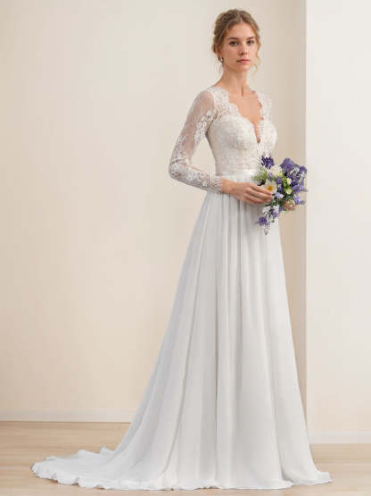 V-Neck A-Line Princess Wedding Dress with Long Sleeves, Floor-Length Lace and Appliques