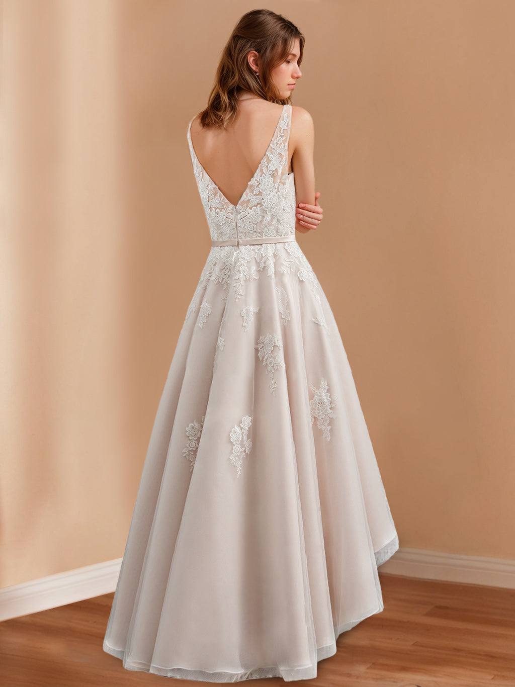 V-Neck Sleeveless Asymmetrical A-Line Wedding Dress with Princess Appliques