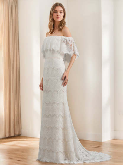 Off-the-Shoulder Princess A-Line Floor-Length Lace Bridal Gown