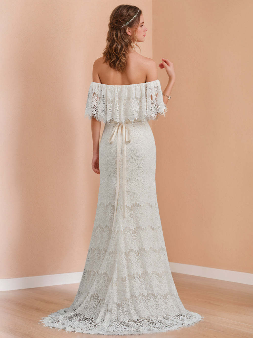 Off-the-Shoulder Princess A-Line Floor-Length Lace Bridal Gown