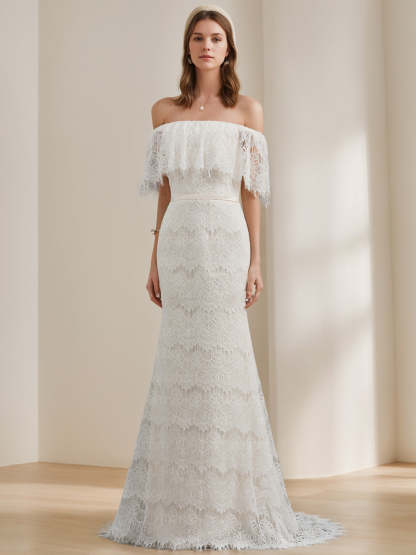 Off-the-Shoulder Princess A-Line Floor-Length Lace Bridal Gown