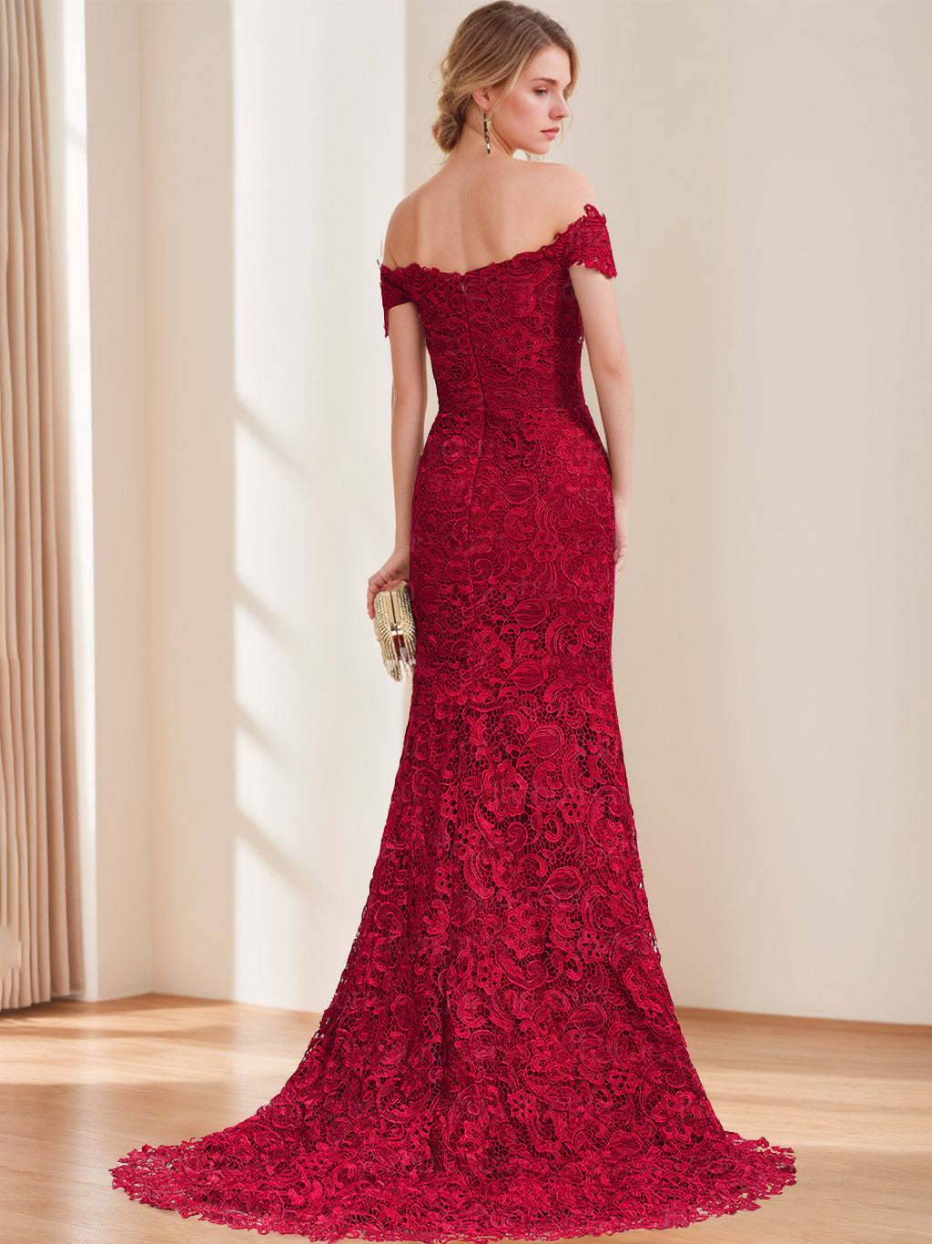 Mermaid/Trumpet V-Neck Off-the-Shoulder Applique Floor-Length Wedding Dress