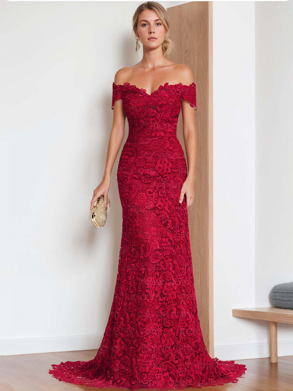 Mermaid/Trumpet V-Neck Off-the-Shoulder Applique Floor-Length Wedding Dress