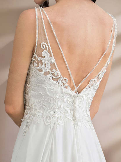 Unique Floor-Length A-Line Wedding Dress with Deep V-Neck, Sleeveless Princess Cut and Split Side, Featuring Appliques & Lace-BMbridal.UK