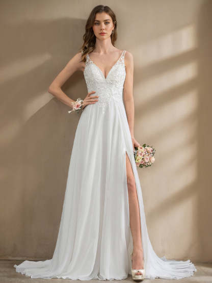 Unique Floor-Length A-Line Wedding Dress with Deep V-Neck, Sleeveless Princess Cut and Split Side, Featuring Appliques & Lace-BMbridal.UK