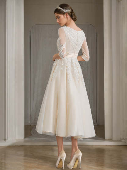 V-Neck A-Line Princess Tea-Length Lace Wedding Dress with Half Sleeves and Appliques