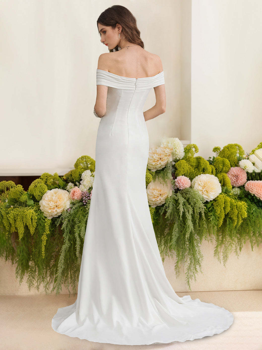 Off-the-Shoulder Floor-Length Mermaid/Trumpet Wedding Dress Featuring Ruffles