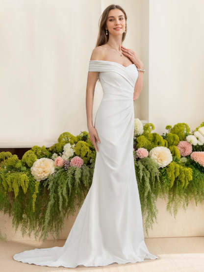 Off-the-Shoulder Floor-Length Mermaid/Trumpet Wedding Dress Featuring Ruffles