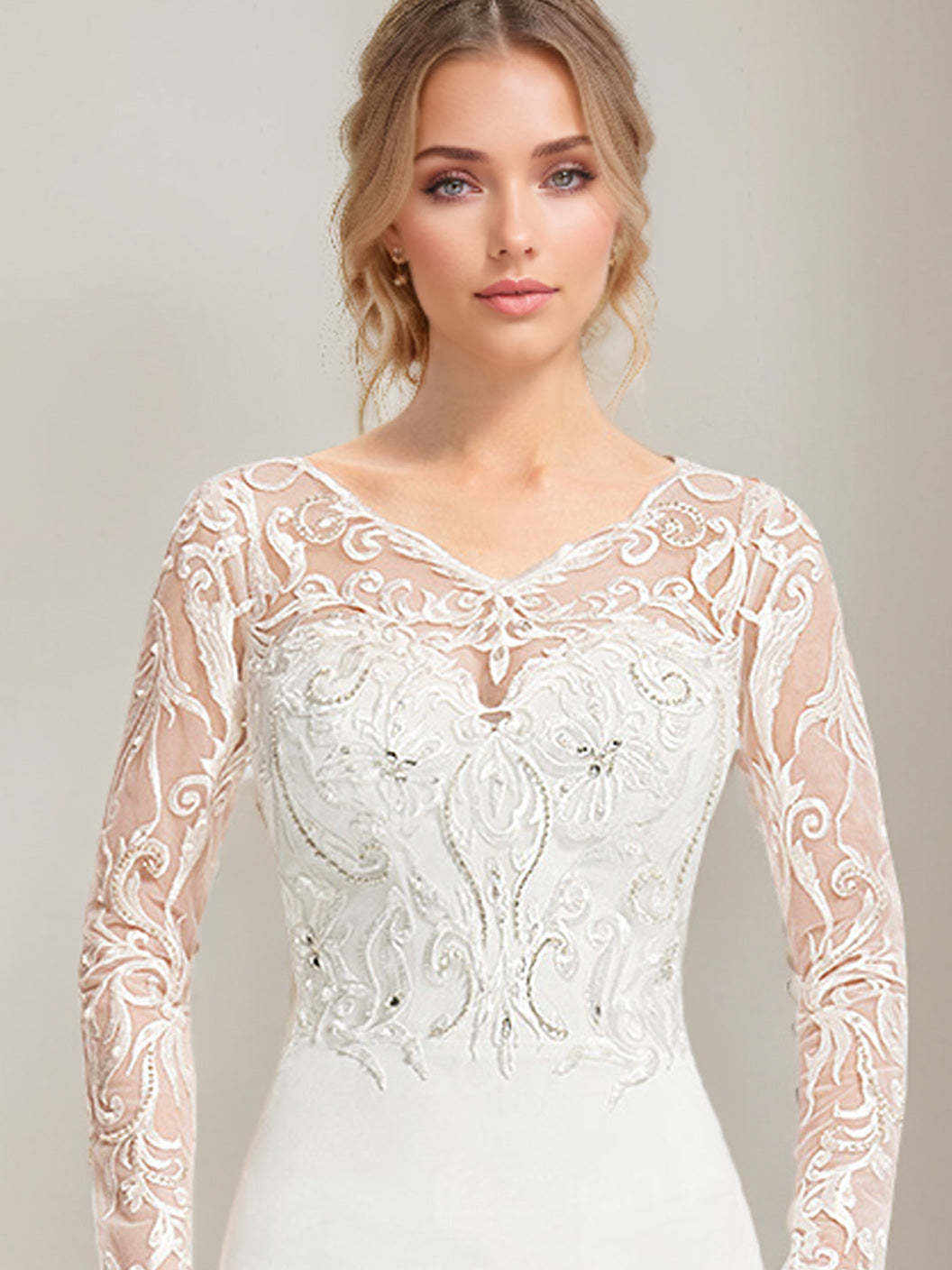 Mermaid/Trumpet V-Neck Floor-Length Lace Wedding Dress with Appliques and Long Sleeves