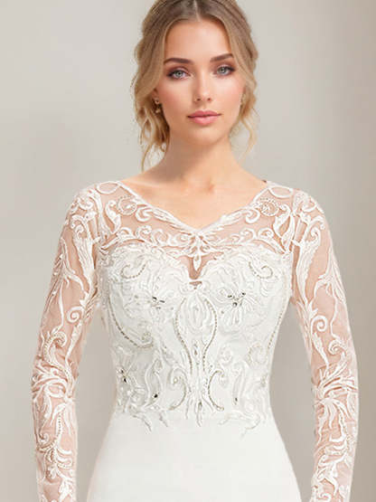 Mermaid/Trumpet V-Neck Floor-Length Lace Wedding Dress with Appliques and Long Sleeves