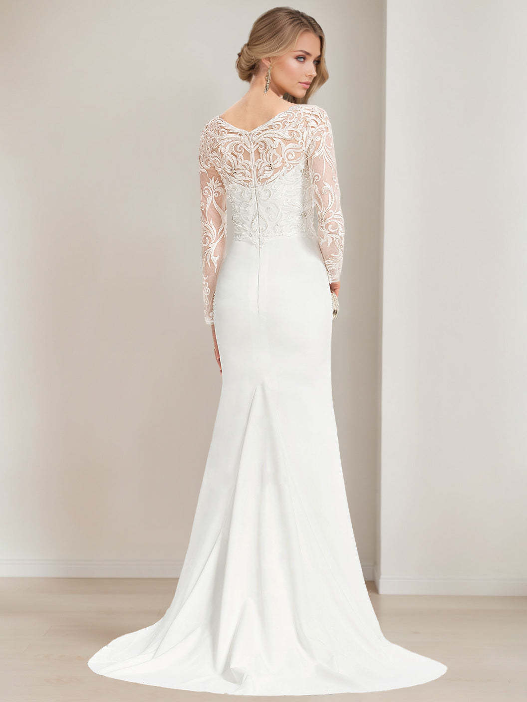 Mermaid/Trumpet V-Neck Floor-Length Lace Wedding Dress with Appliques and Long Sleeves