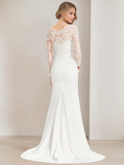 Mermaid/Trumpet V-Neck Floor-Length Lace Wedding Dress with Appliques and Long Sleeves