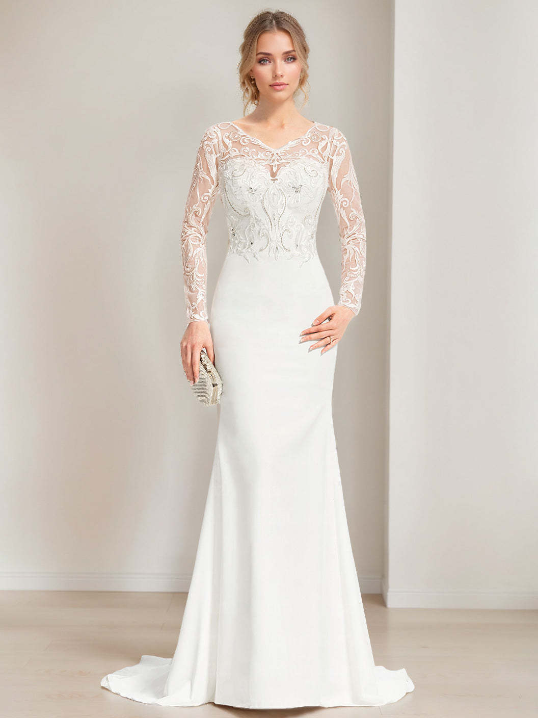 Mermaid/Trumpet V-Neck Floor-Length Lace Wedding Dress with Appliques and Long Sleeves