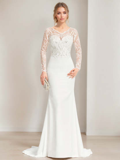 Mermaid/Trumpet V-Neck Floor-Length Lace Wedding Dress with Appliques and Long Sleeves