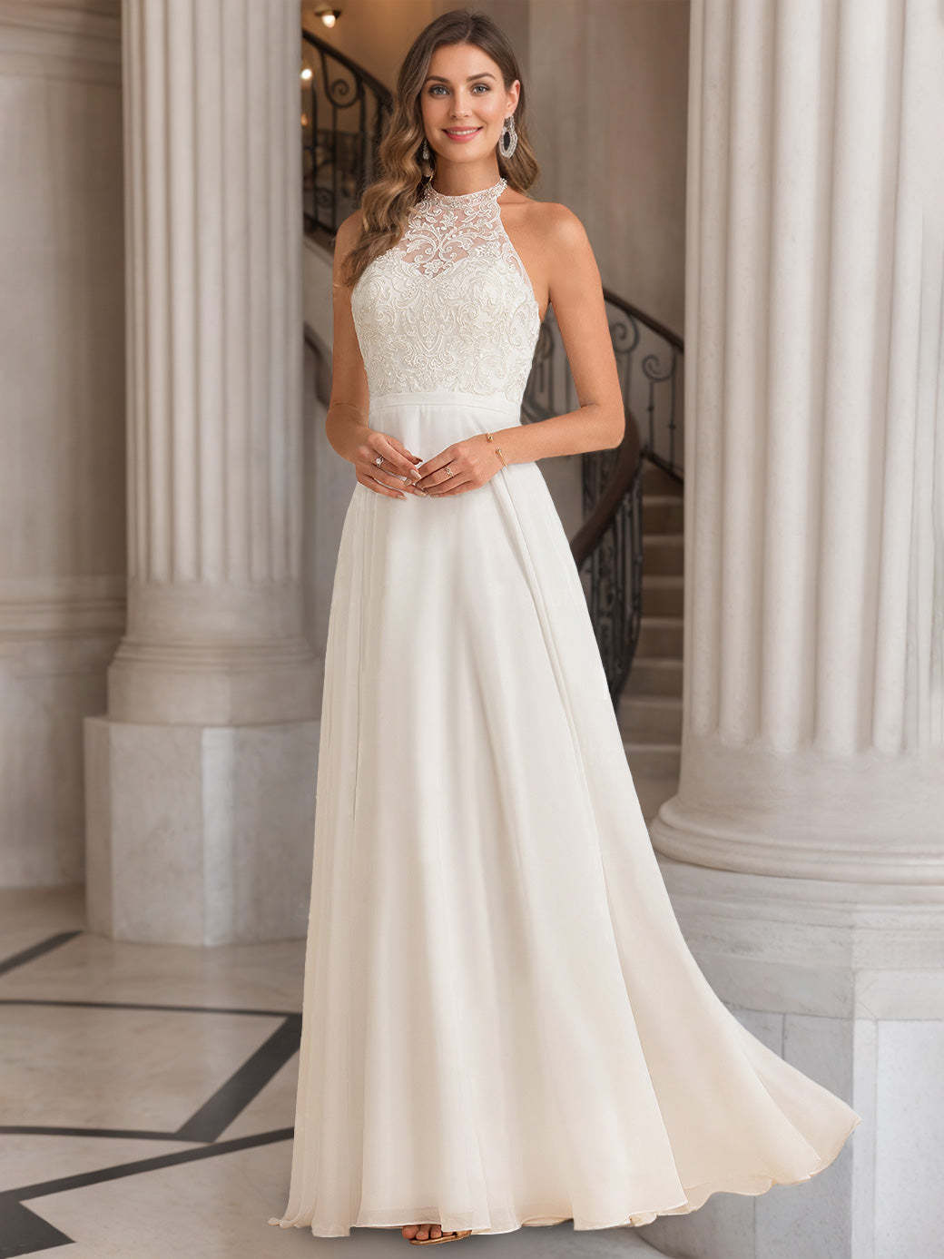 Floor-Length Halter Neck A-Line Wedding Dress with Lace Embroidery