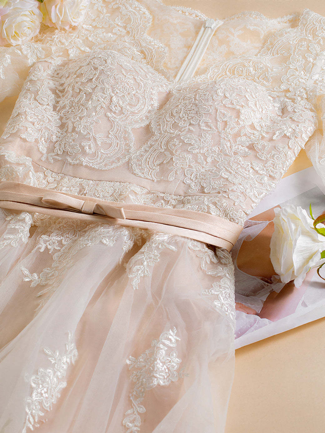 V-Neck A-Line Princess Wedding Dress with 3/4 Sleeves and Asymmetrical Lace Embroidery