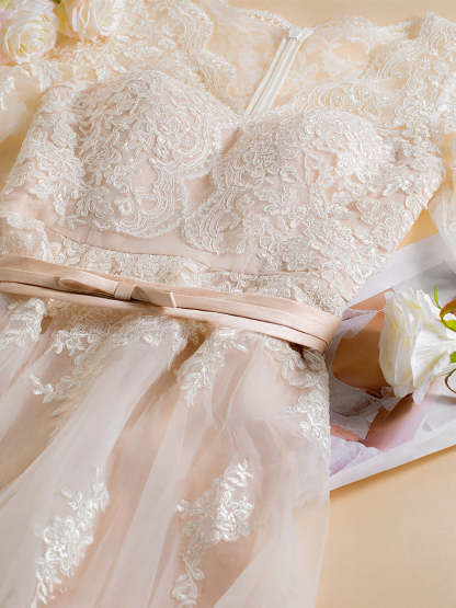 V-Neck A-Line Princess Wedding Dress with 3/4 Sleeves and Asymmetrical Lace Embroidery