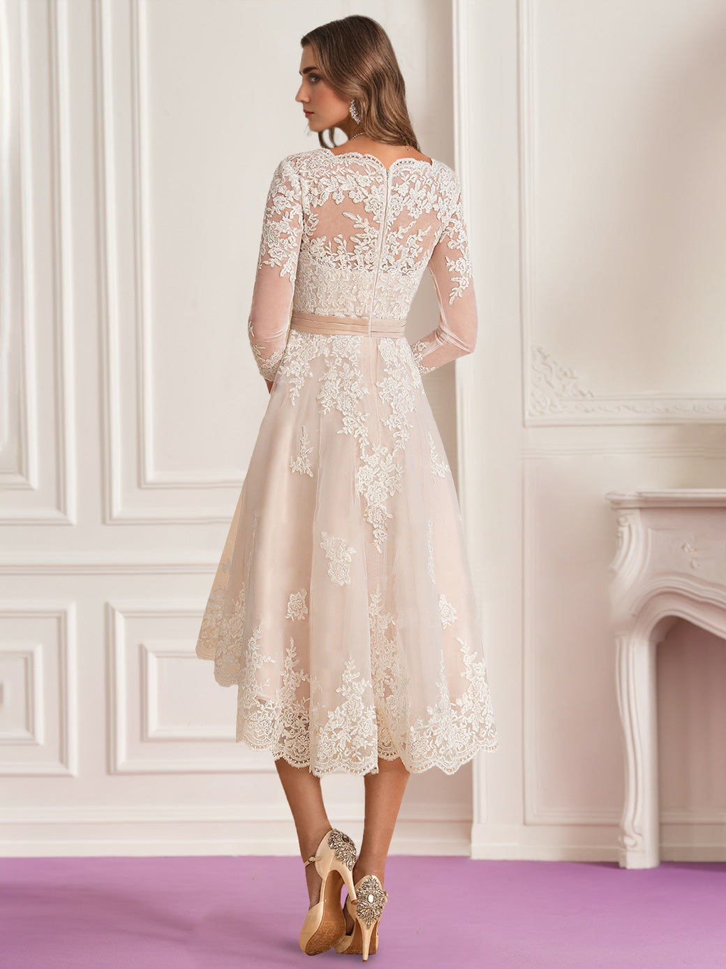 V-Neck A-Line Princess Wedding Dress with 3/4 Sleeves and Asymmetrical Lace Embroidery
