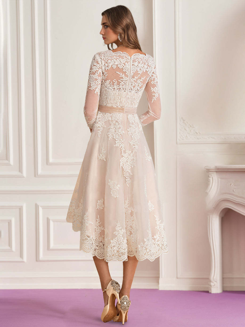 V-Neck A-Line Princess Wedding Dress with 3/4 Sleeves and Asymmetrical Lace Embroidery