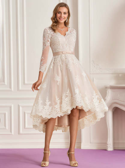 V-Neck A-Line Princess Wedding Dress with 3/4 Sleeves and Asymmetrical Lace Embroidery