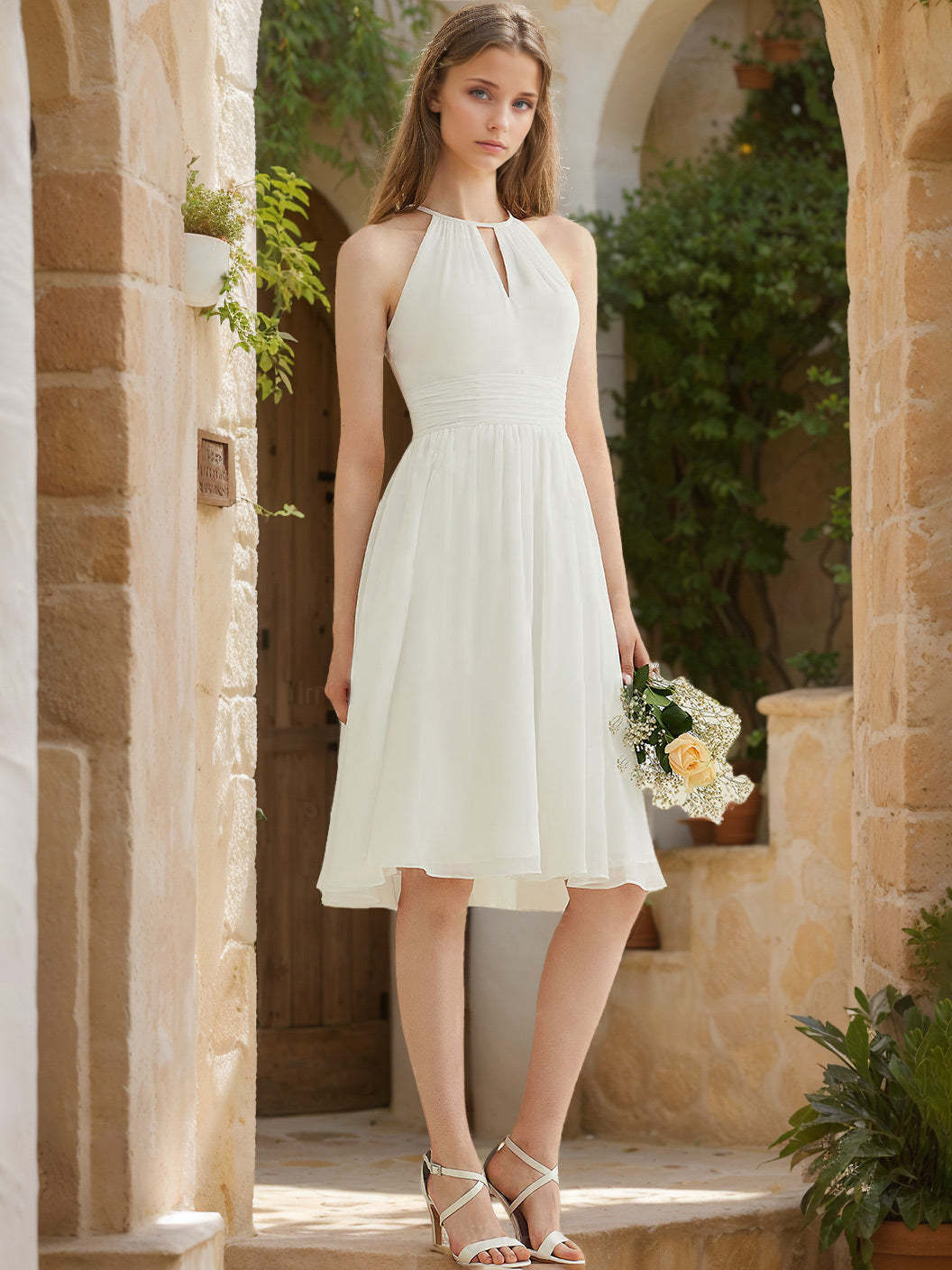 Princess A-line halter neck sleeveless knee-length ruffled wedding dress