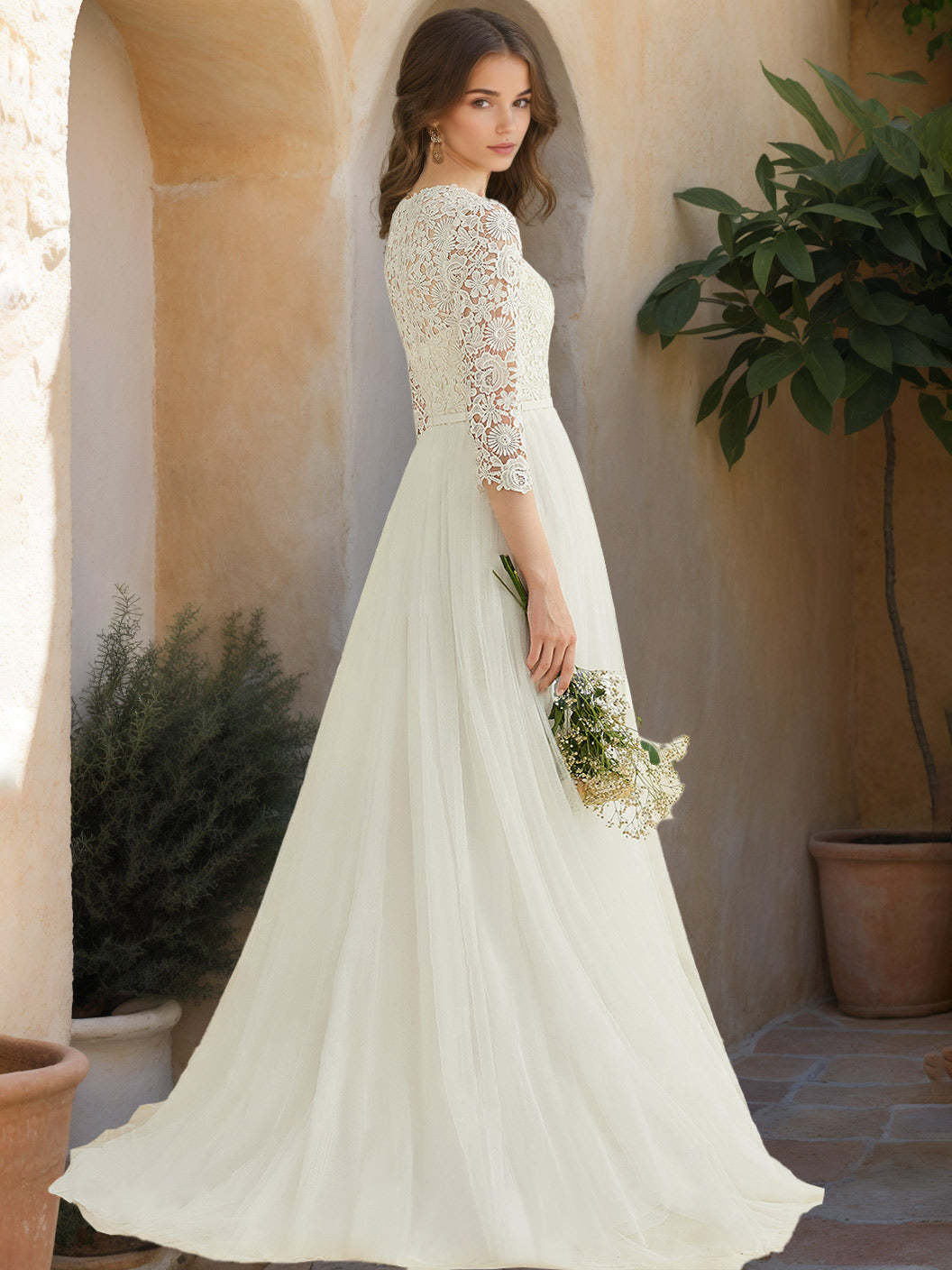 Floor-length A-Line Wedding Dress with Scoop Neck, 3/4 Sleeves, and Appliques