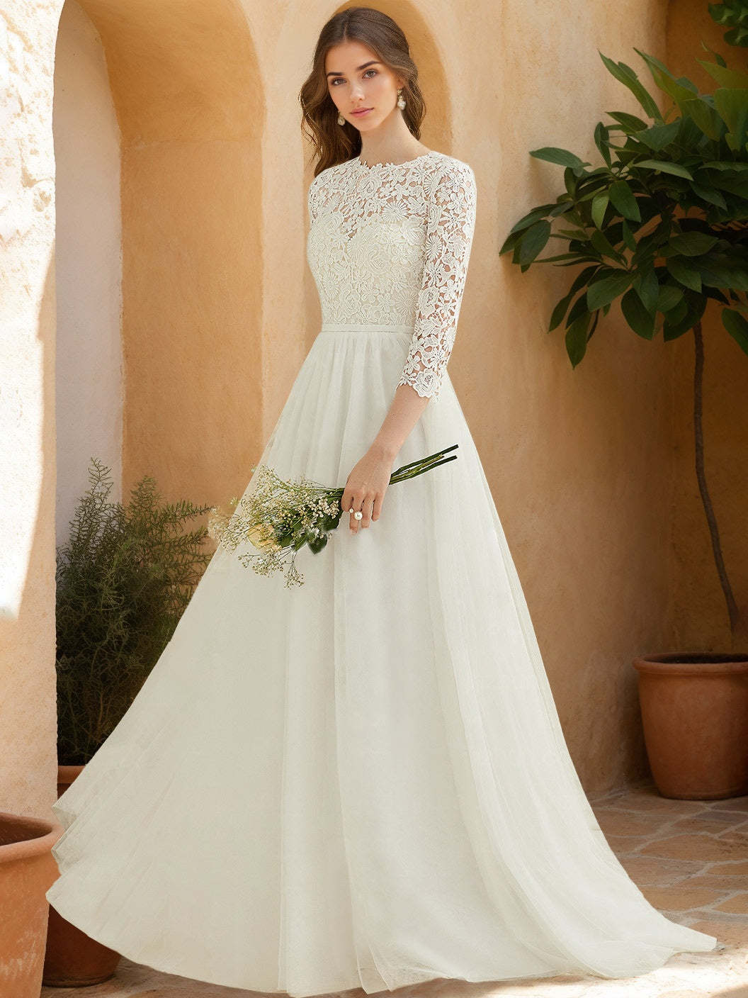 Floor-length A-Line Wedding Dress with Scoop Neck, 3/4 Sleeves, and Appliques