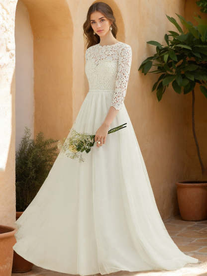 Floor-length A-Line Wedding Dress with Scoop Neck, 3/4 Sleeves, and Appliques