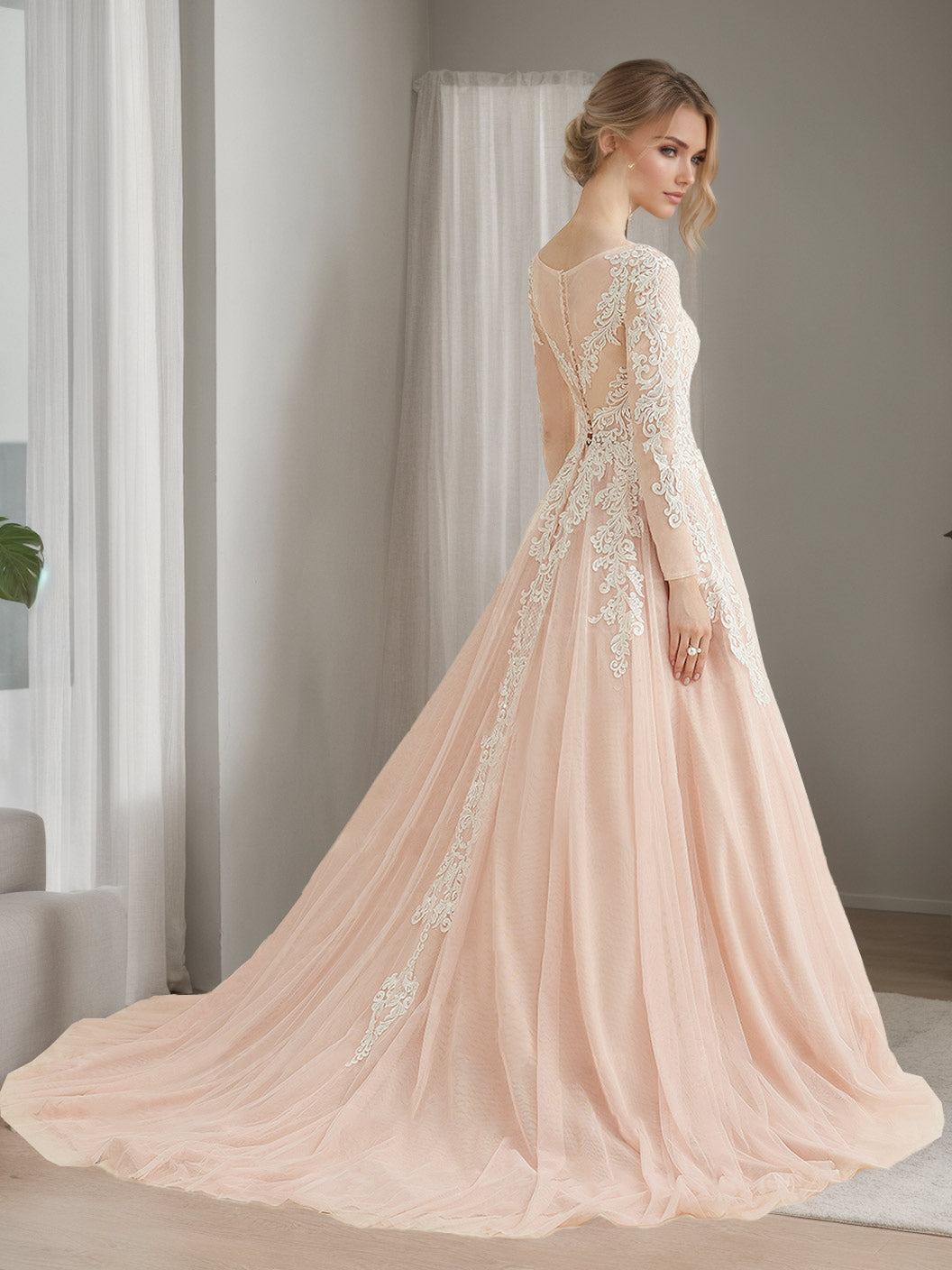 Floor-length Lace Wedding Dress with Appliques in A-Line/Princess Scoop Long Sleeves