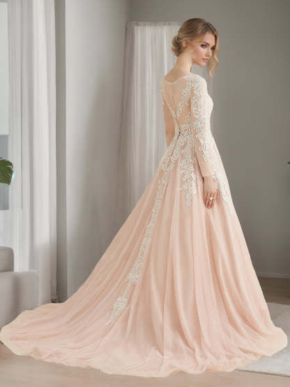 Floor-length Lace Wedding Dress with Appliques in A-Line/Princess Scoop Long Sleeves