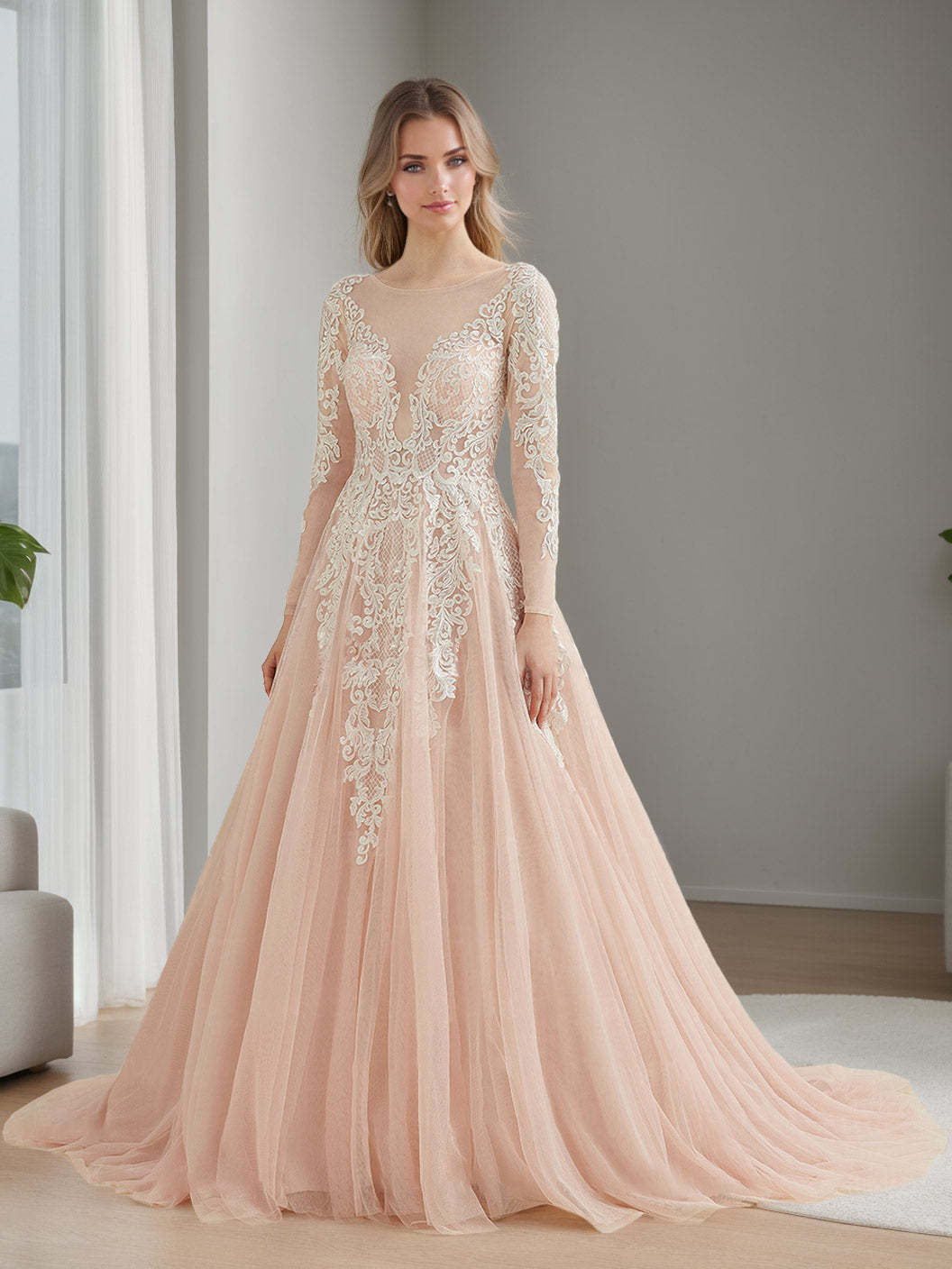 Floor-length Lace Wedding Dress with Appliques in A-Line/Princess Scoop Long Sleeves