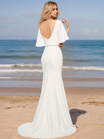V-Neck Half-Sleeve Mermaid/Trumpet Floor-Length Wedding Dresses with Sequins
