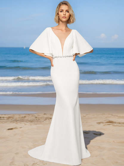 V-Neck Half-Sleeve Mermaid/Trumpet Floor-Length Wedding Dresses with Sequins