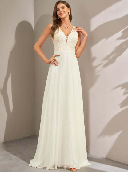 Sleeveless Floor-Length Lace Wedding Dress with Appliques in A-Line/Princess V-Neck Style