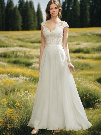 V-Neck Sleeveless A-Line Princess Wedding Dress with Appliques, Ankle-Length