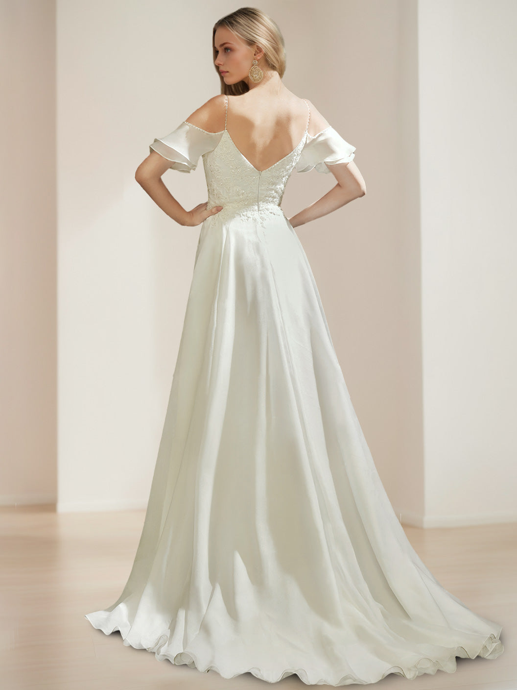 Spaghetti Strap Sleeveless A-Line Princess Wedding Gown with Sequins and Appliques, Floor-Length