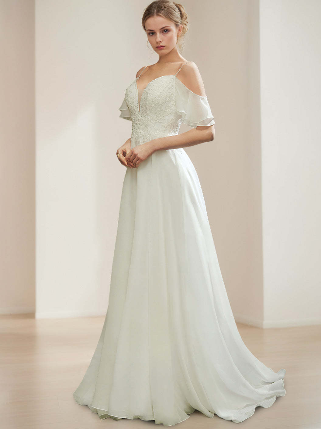 Spaghetti Strap Sleeveless A-Line Princess Wedding Gown with Sequins and Appliques, Floor-Length