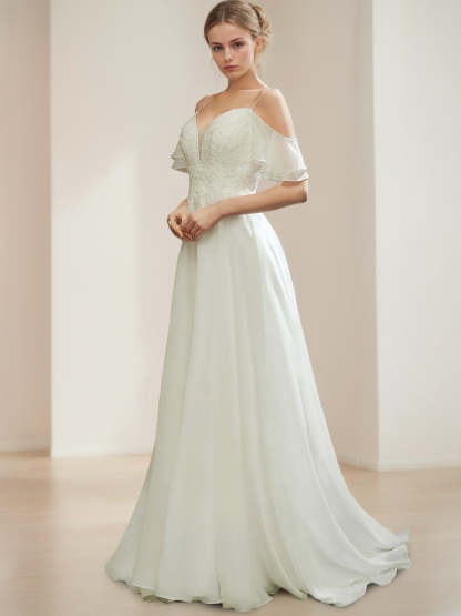 Spaghetti Strap Sleeveless A-Line Princess Wedding Gown with Sequins and Appliques, Floor-Length