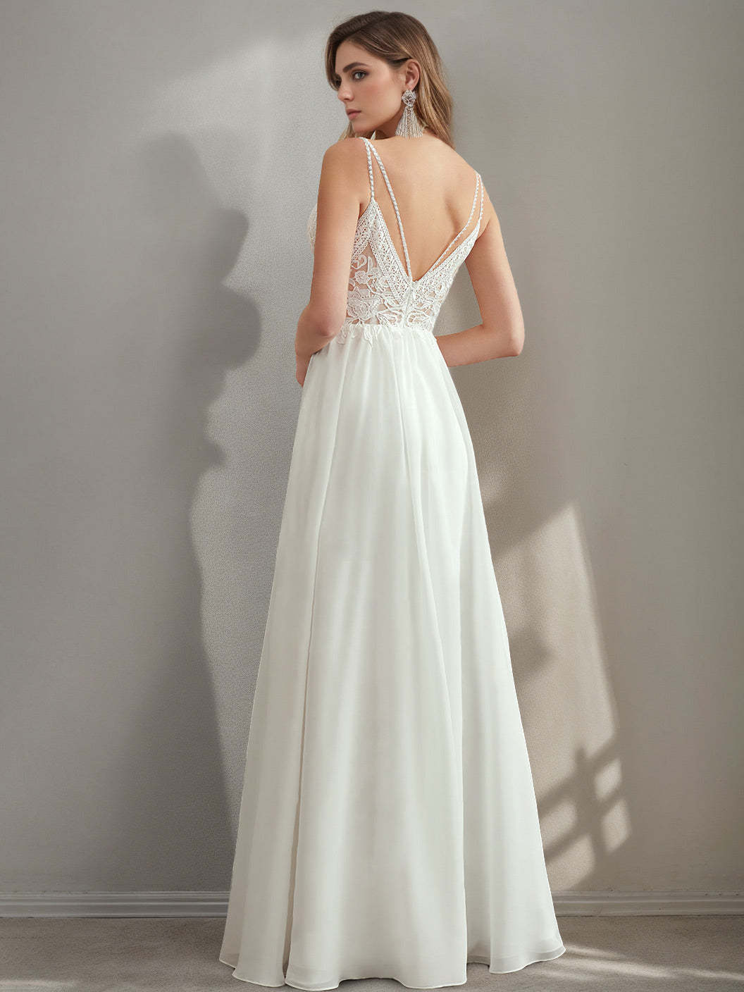 V-Neck Spaghetti Strap Lace Wedding Dress with Appliques in A-Line/Princess Style