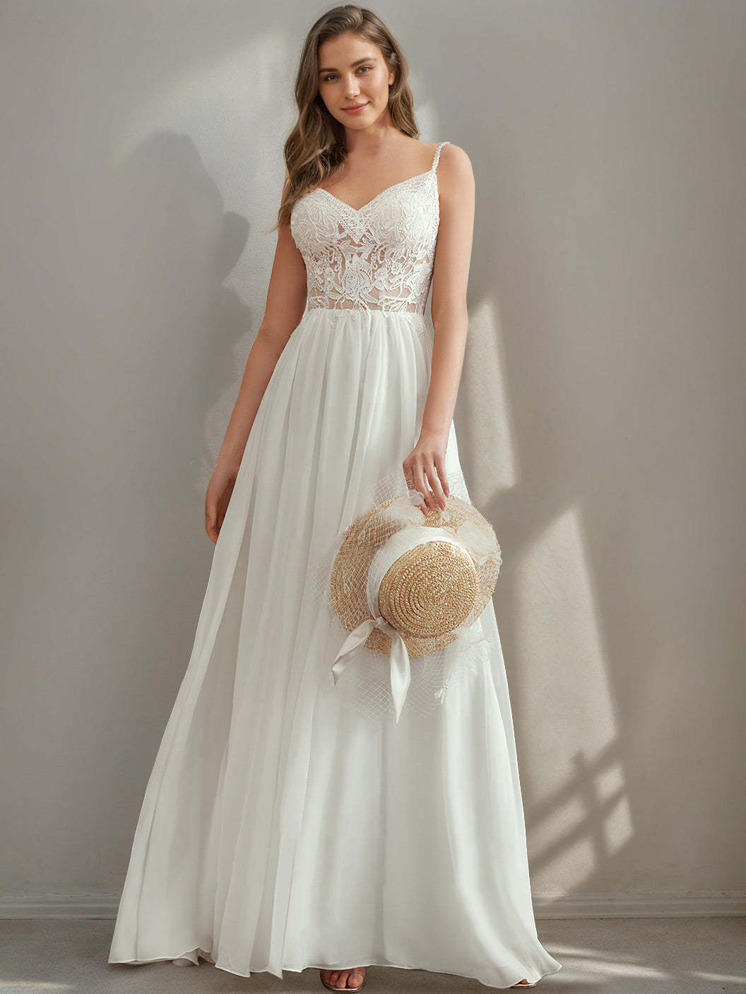 V-Neck Spaghetti Strap Lace Wedding Dress with Appliques in A-Line/Princess Style