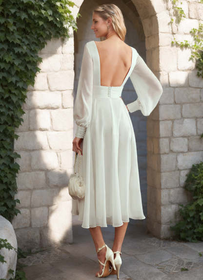 V-Neck A-Line Princess Wedding Dress in Long Tea-Length with Ruffles