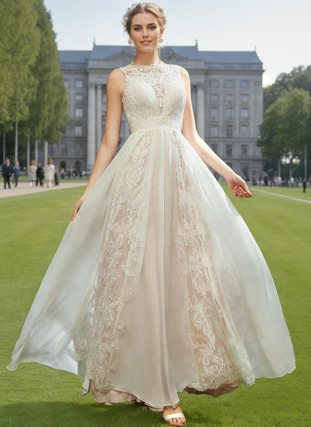 Sleeveless Scoop Neck A-Line Princess Wedding Gown in Tulle with Lace and Appliques