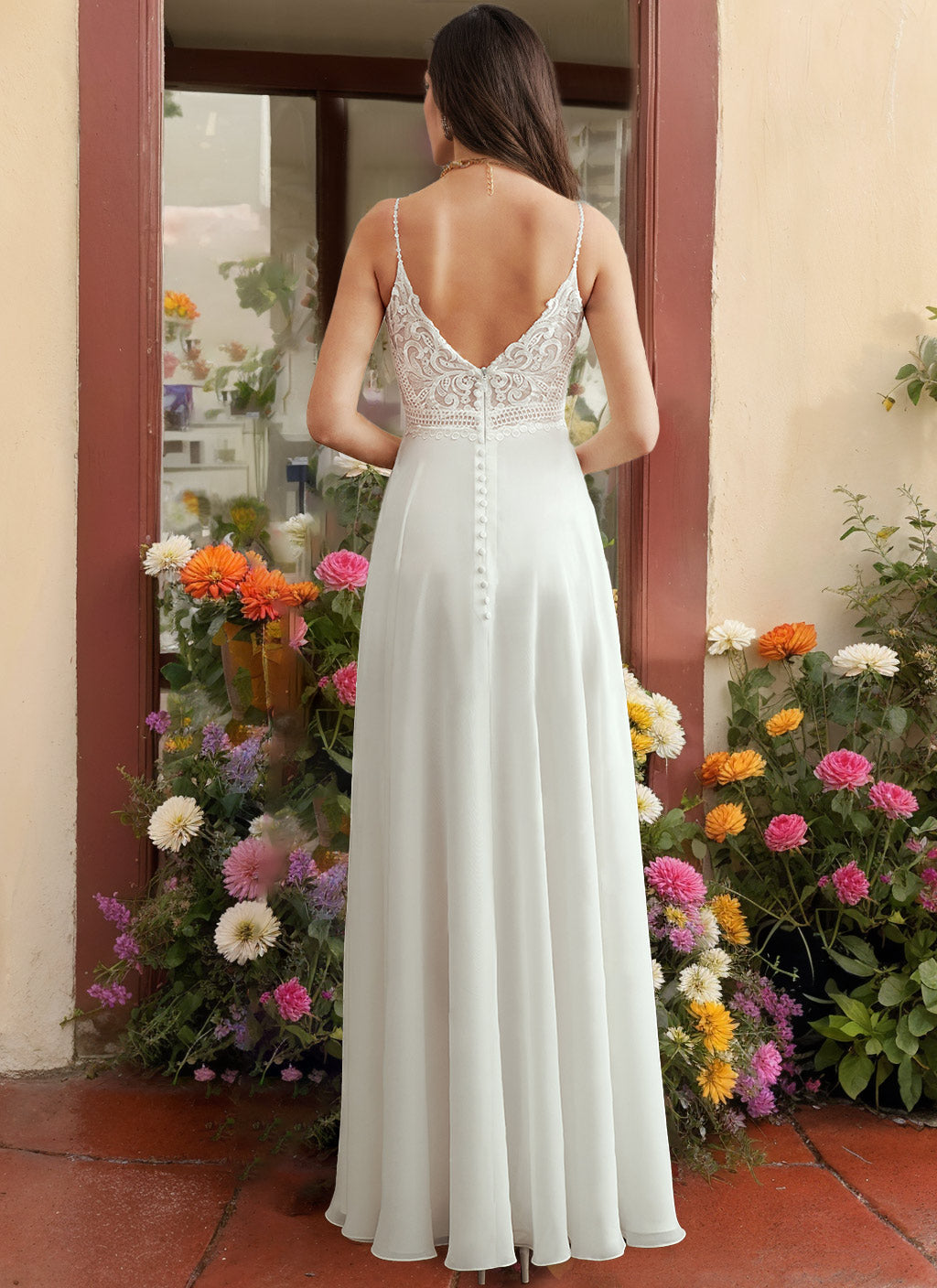 V-Neck Spaghetti Strap Sleeveless A-Line Princess Wedding Dress with Appliques and Side Split