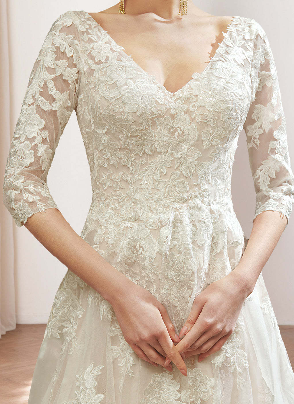 Princess V-Neck A-Line Floor-Length Wedding Dress with 3/4 Sleeves and Lace Embroidery