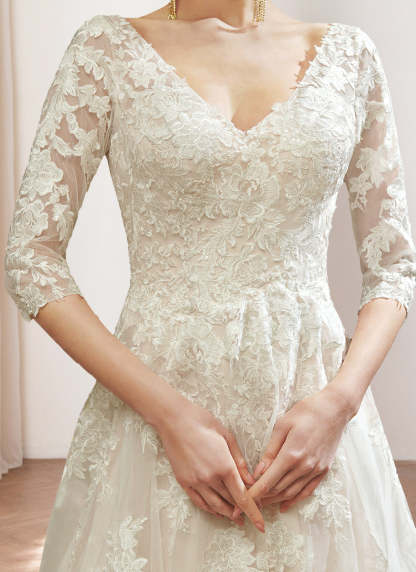 Princess V-Neck A-Line Floor-Length Wedding Dress with 3/4 Sleeves and Lace Embroidery