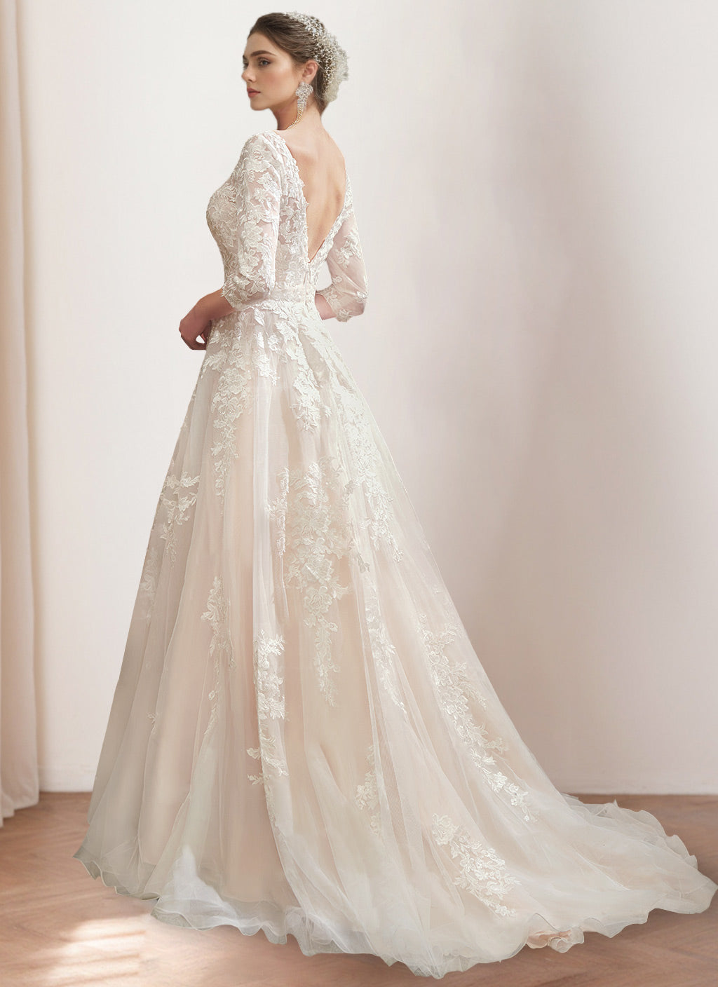 Princess V-Neck A-Line Floor-Length Wedding Dress with 3/4 Sleeves and Lace Embroidery